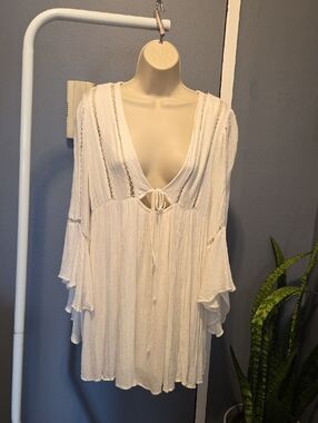 Free People Cream Boho Mini Dress with Tie Front